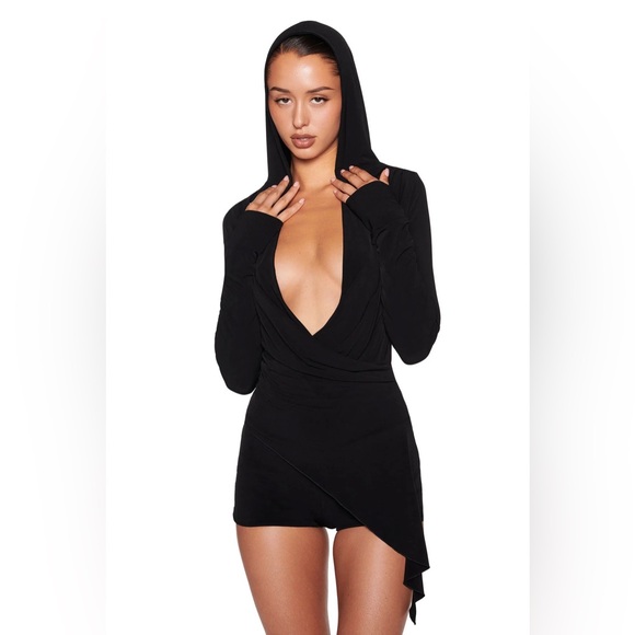 Iamgia Dresses & Skirts - Black Hooded Deep-V Mini Dress